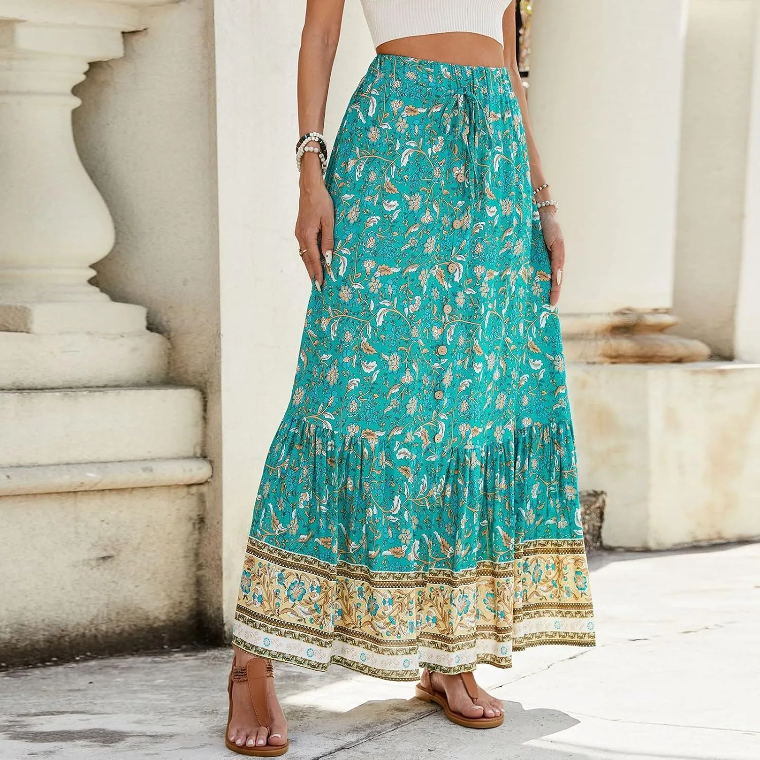 Women's Skirts,Formal Wrap Drawstring Tiered Long Boho Skirt Spring Summer Flowy Maxi Skirts for Women 2025 Trendy