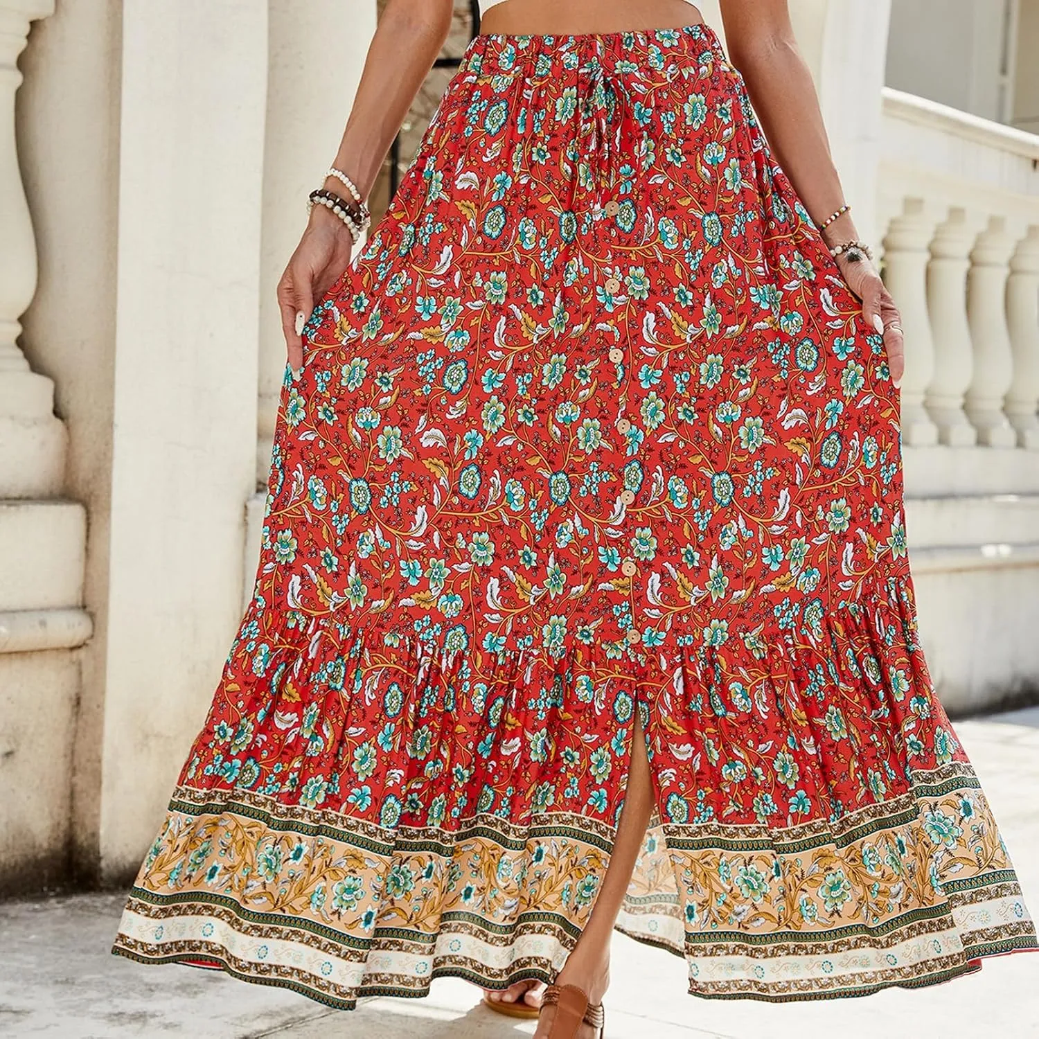 Women's Skirts,Formal Wrap Drawstring Tiered Long Boho Skirt Spring Summer Flowy Maxi Skirts for Women 2025 Trendy