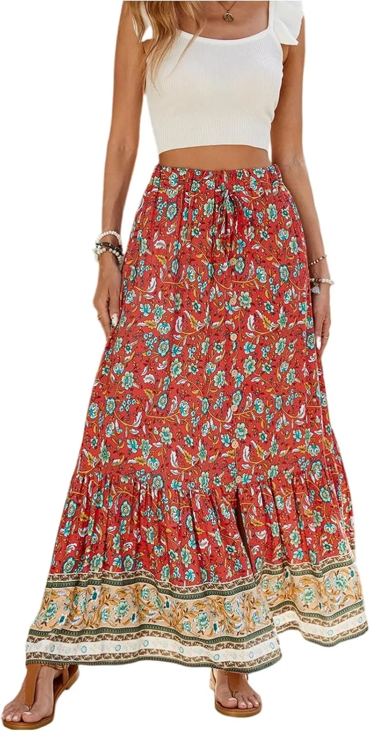 Women's Skirts,Formal Wrap Drawstring Tiered Long Boho Skirt Spring Summer Flowy Maxi Skirts for Women 2025 Trendy