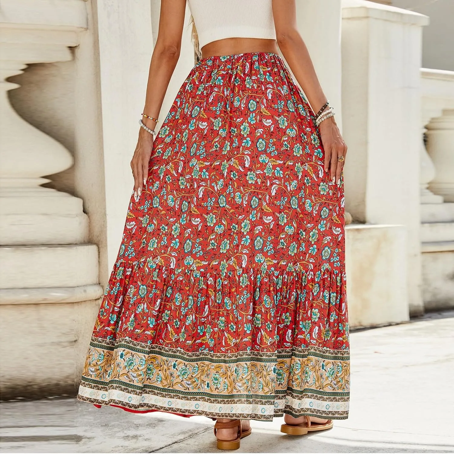 Women's Skirts,Formal Wrap Drawstring Tiered Long Boho Skirt Spring Summer Flowy Maxi Skirts for Women 2025 Trendy
