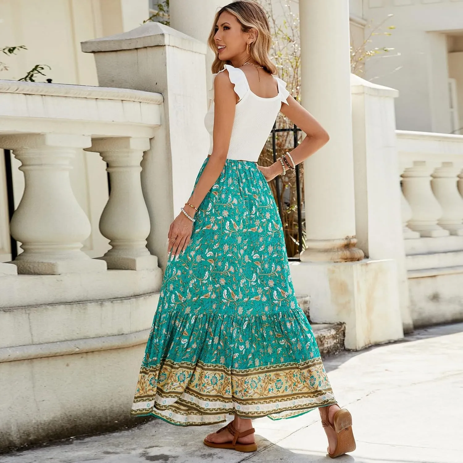 Women's Skirts,Formal Wrap Drawstring Tiered Long Boho Skirt Spring Summer Flowy Maxi Skirts for Women 2025 Trendy