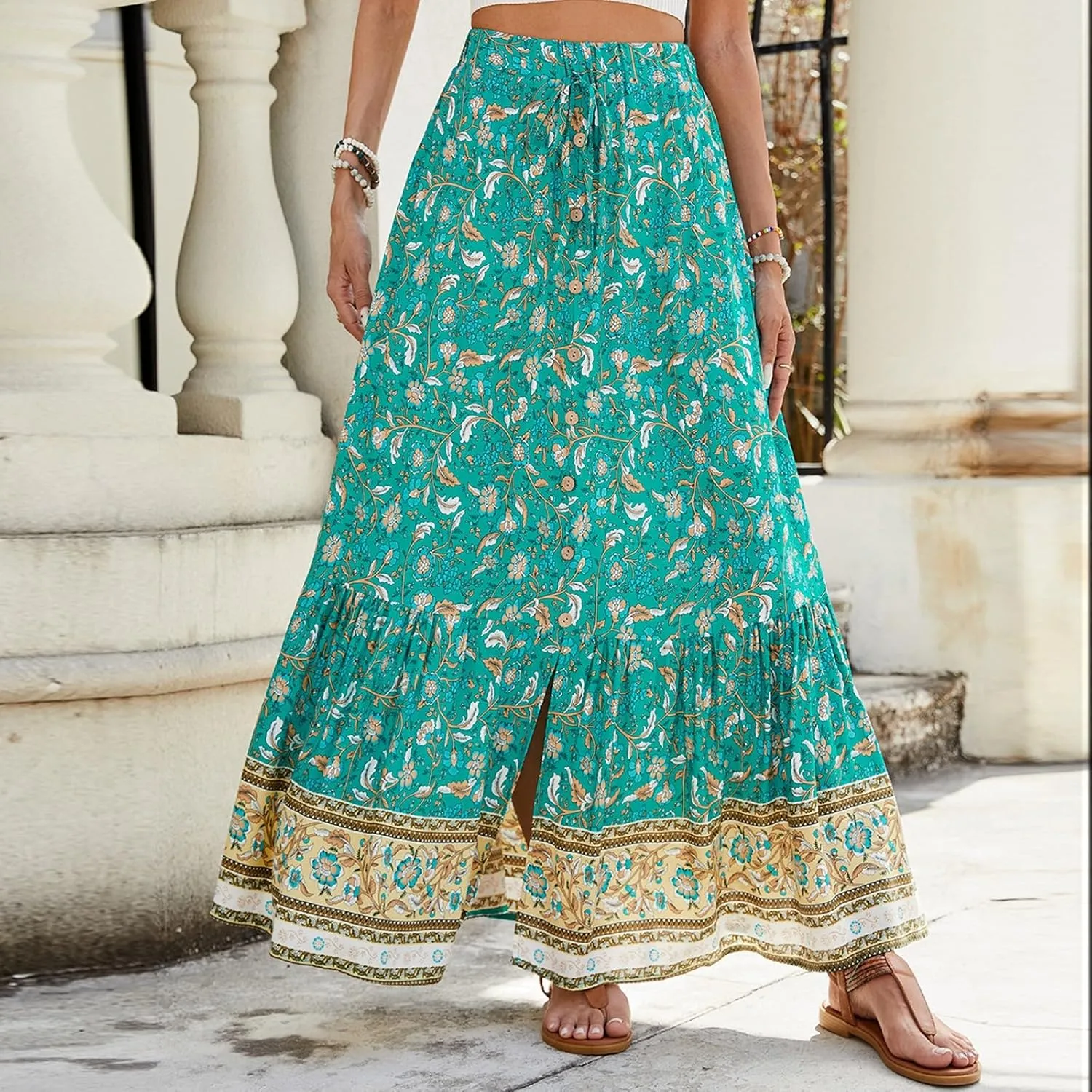 Women's Skirts,Formal Wrap Drawstring Tiered Long Boho Skirt Spring Summer Flowy Maxi Skirts for Women 2025 Trendy