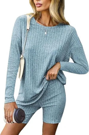 Womens Soft Lounge Sets 2 Piece Ribbed Knit Pajamas Set Stretchy Long Sleeve Tops and Biker Shorts Loungewear
