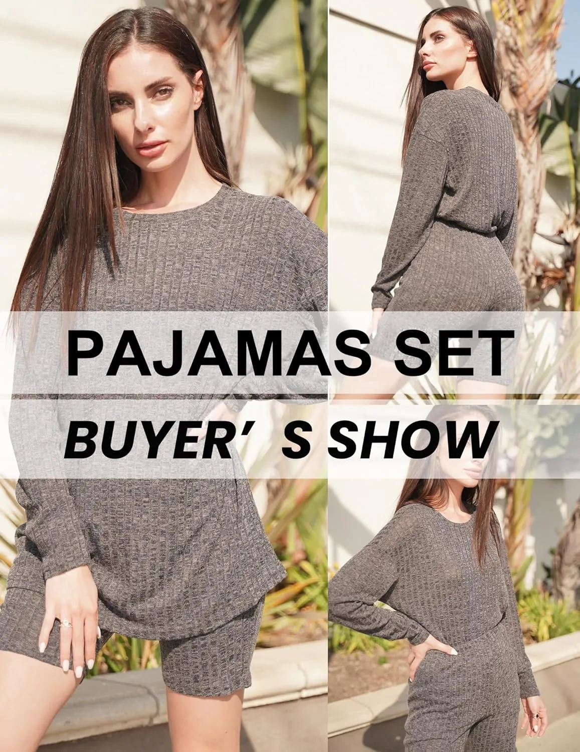Womens Soft Lounge Sets 2 Piece Ribbed Knit Pajamas Set Stretchy Long Sleeve Tops and Biker Shorts Loungewear