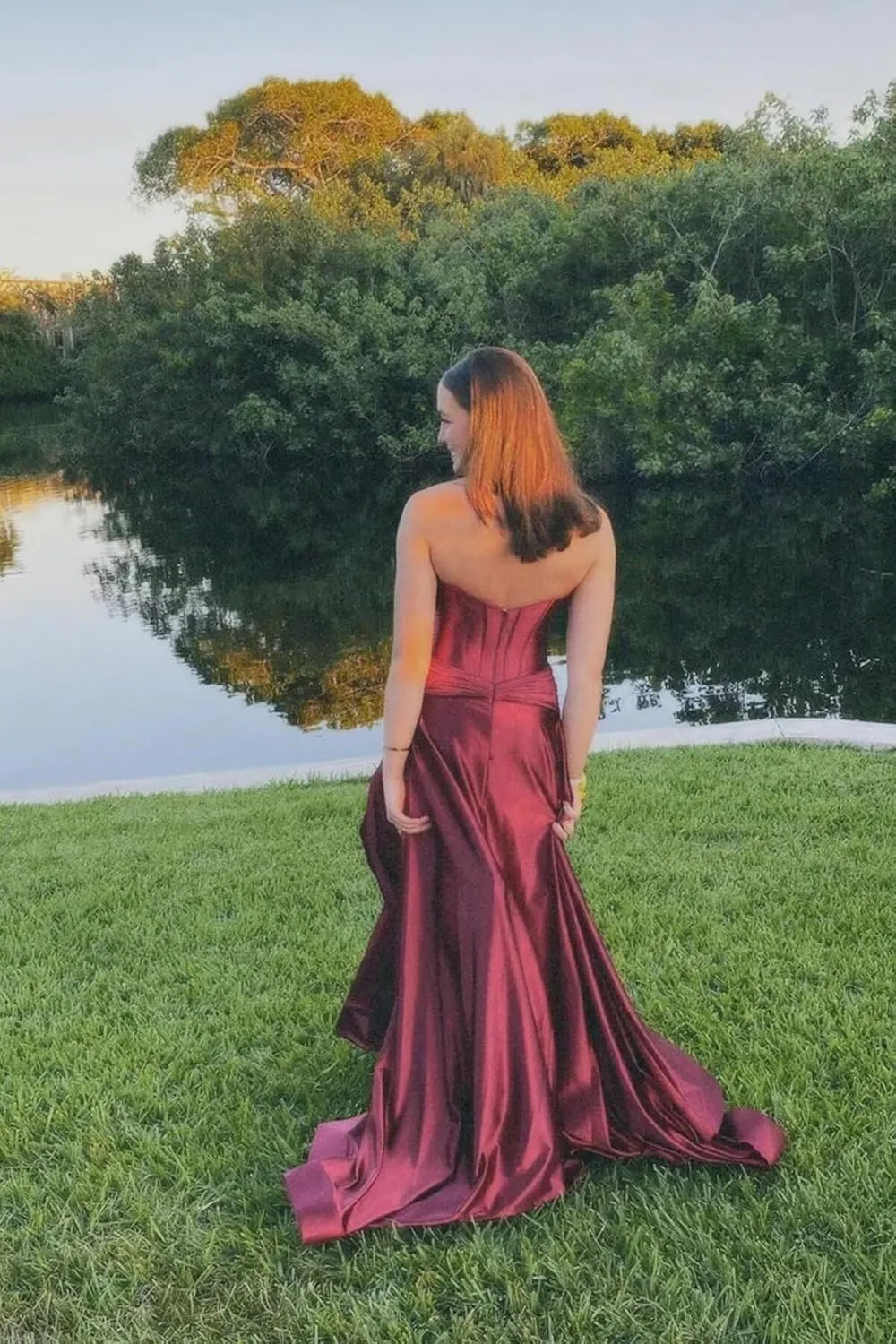 Women's Strapless Satin Prom Dresses Long Pleated Cutout Ruched Corset Formal Evening Gown with Slit