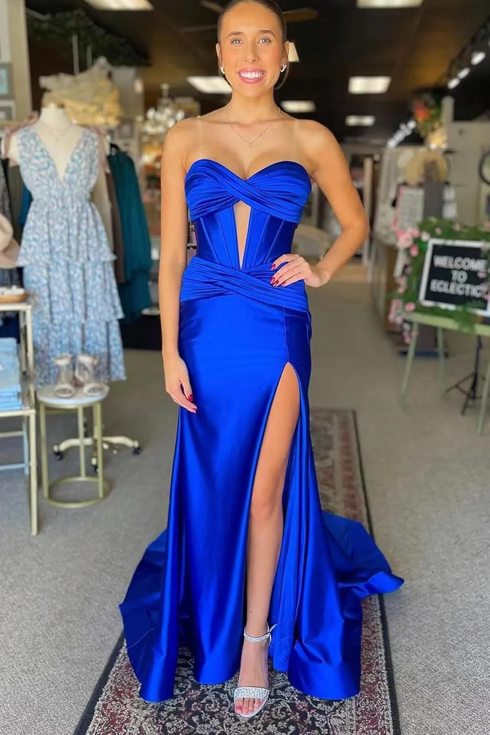 Women's Strapless Satin Prom Dresses Long Pleated Cutout Ruched Corset Formal Evening Gown with Slit