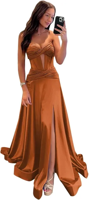 Women's Strapless Satin Prom Dresses Long Pleated Cutout Ruched Corset Formal Evening Gown with Slit