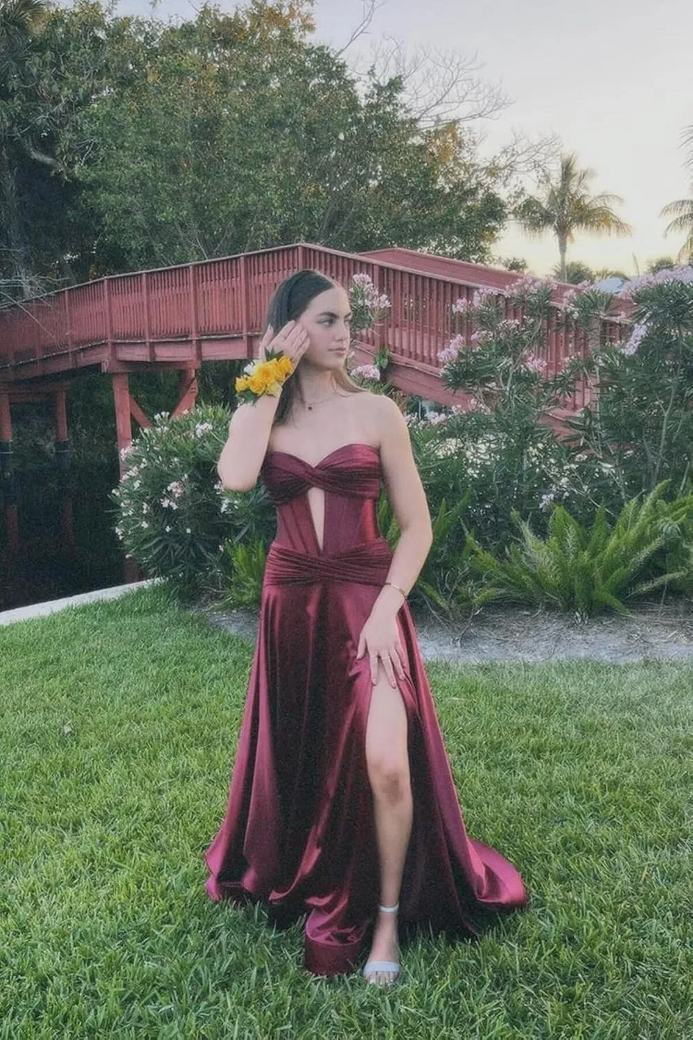 Women's Strapless Satin Prom Dresses Long Pleated Cutout Ruched Corset Formal Evening Gown with Slit