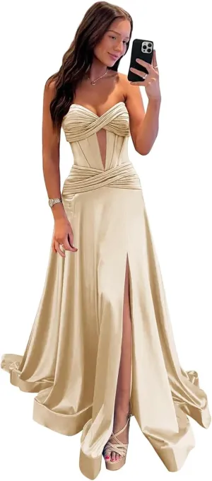 Women's Strapless Satin Prom Dresses Long Pleated Cutout Ruched Corset Formal Evening Gown with Slit