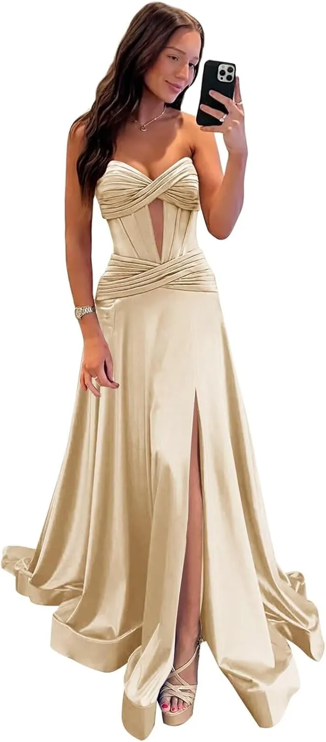 Women's Strapless Satin Prom Dresses Long Pleated Cutout Ruched Corset Formal Evening Gown with Slit