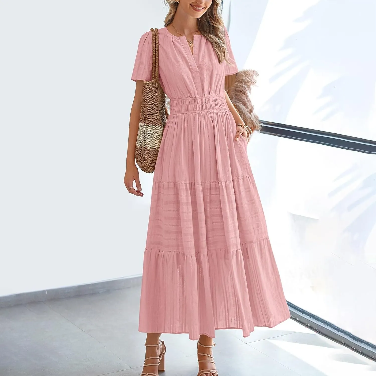 Women's Summer Boho Maxi Dresses Floral Short Sleeve V Neck A Line Tiered Ruffle Flowy Long Beach Vacation Dress