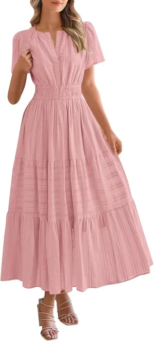 Women's Summer Boho Maxi Dresses Floral Short Sleeve V Neck A Line Tiered Ruffle Flowy Long Beach Vacation Dress