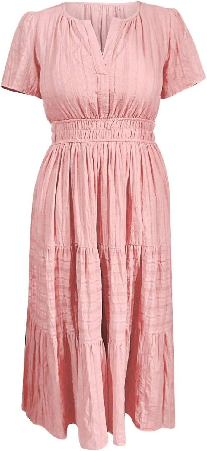 Women's Summer Boho Maxi Dresses Floral Short Sleeve V Neck A Line Tiered Ruffle Flowy Long Beach Vacation Dress