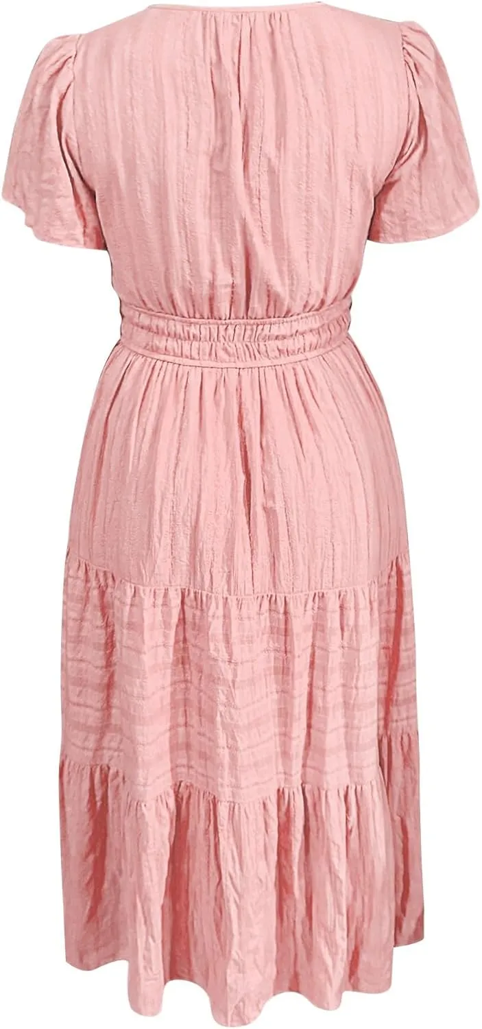 Women's Summer Boho Maxi Dresses Floral Short Sleeve V Neck A Line Tiered Ruffle Flowy Long Beach Vacation Dress