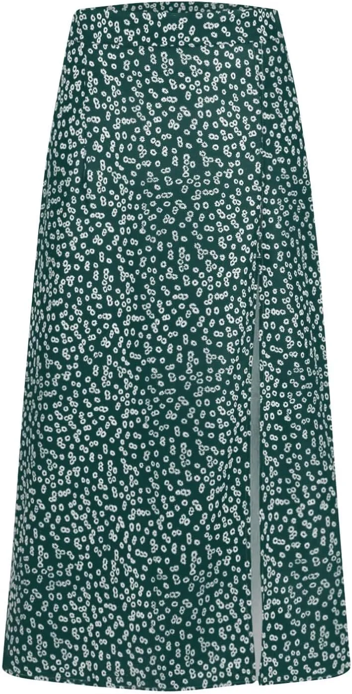 Women's Summer Casual Loose Trendy Elastic High Waist Floral Print Bohemian Split Sun Beach Midi Skirts 2025, S-3XL