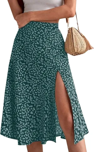 Women's Summer Casual Loose Trendy Elastic High Waist Floral Print Bohemian Split Sun Beach Midi Skirts 2025, S-3XL