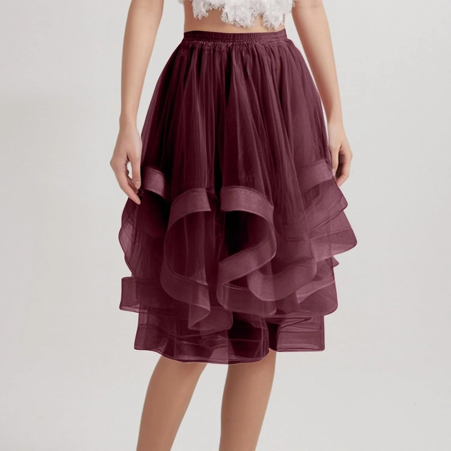 Women's Summer Casual Loose Trendy Elastic High Waist Solid Color Fluffy Mesh Party Latin Dance Flowy Skirts 2025, S-XL