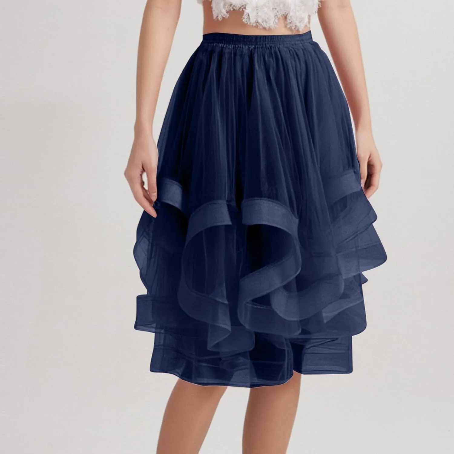 Women's Summer Casual Loose Trendy Elastic High Waist Solid Color Fluffy Mesh Party Latin Dance Flowy Skirts, S-XL