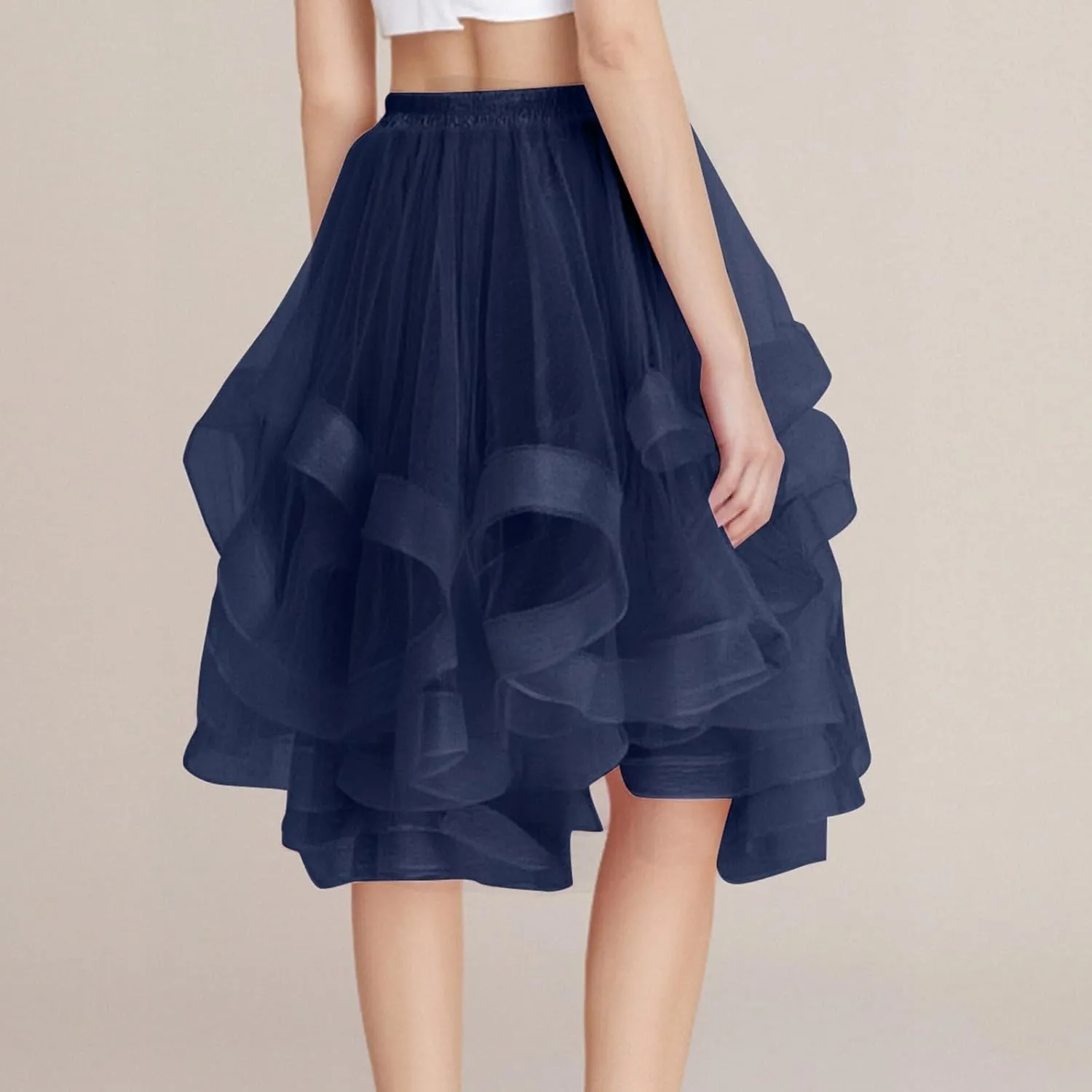 Women's Summer Casual Loose Trendy Elastic High Waist Solid Color Fluffy Mesh Party Latin Dance Flowy Skirts, S-XL