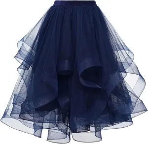 Women's Summer Casual Loose Trendy Elastic High Waist Solid Color Fluffy Mesh Party Latin Dance Flowy Skirts, S-XL
