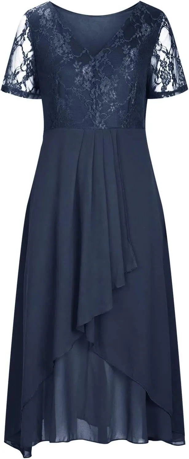 Womens Summer Dress Chiffon V Neck Floral Print Sundress Hollow A-Line Midi Dress Semi Formal Fit Skirts Outfits