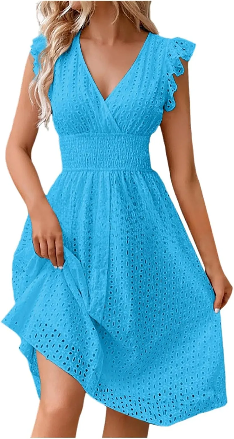 Womens Summer Dresses 2025 Sexy V Neck High Waist Beach Cover Ups Travel Vacation 2025 Summer Outfits Swing Flowy Skirt