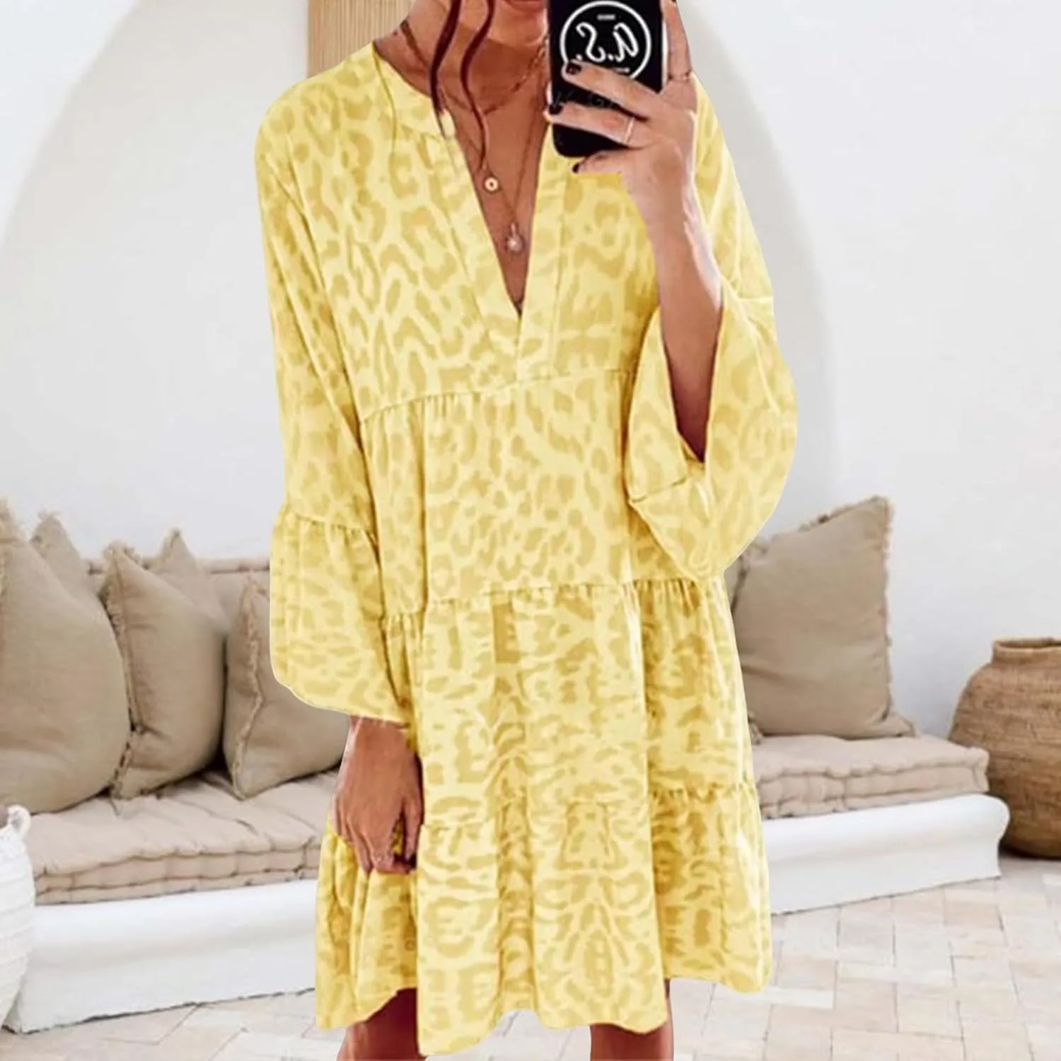 Womens Summer Dresses Boho Floral Babydoll Dress V Neck Ruffle Half Sleeve Sundress Beach Vacation Dress