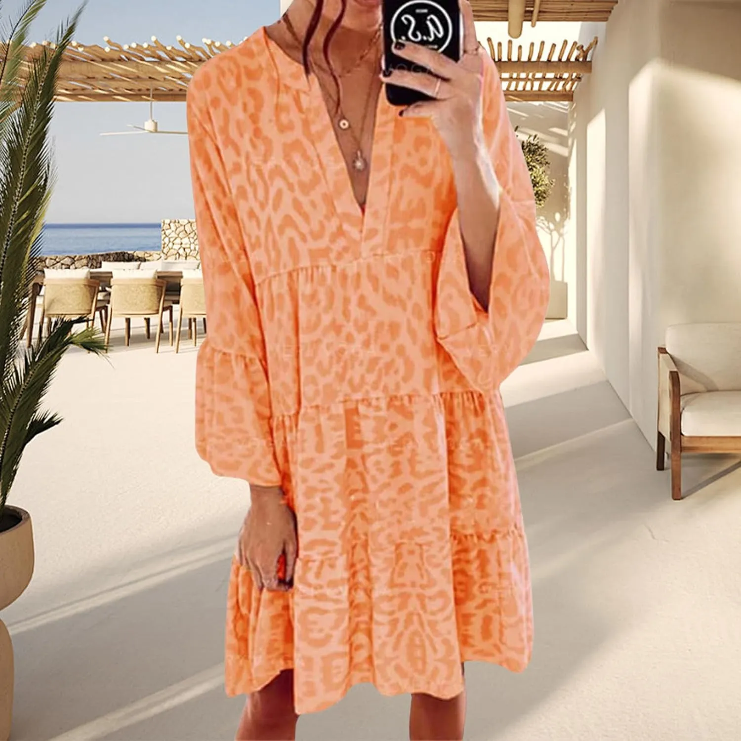 Womens Summer Dresses Boho Floral Babydoll Dress V Neck Ruffle Half Sleeve Sundress Beach Vacation Dress