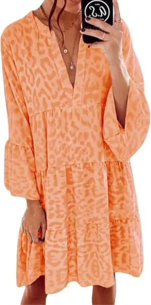 Womens Summer Dresses Boho Floral Babydoll Dress V Neck Ruffle Half Sleeve Sundress Beach Vacation Dress