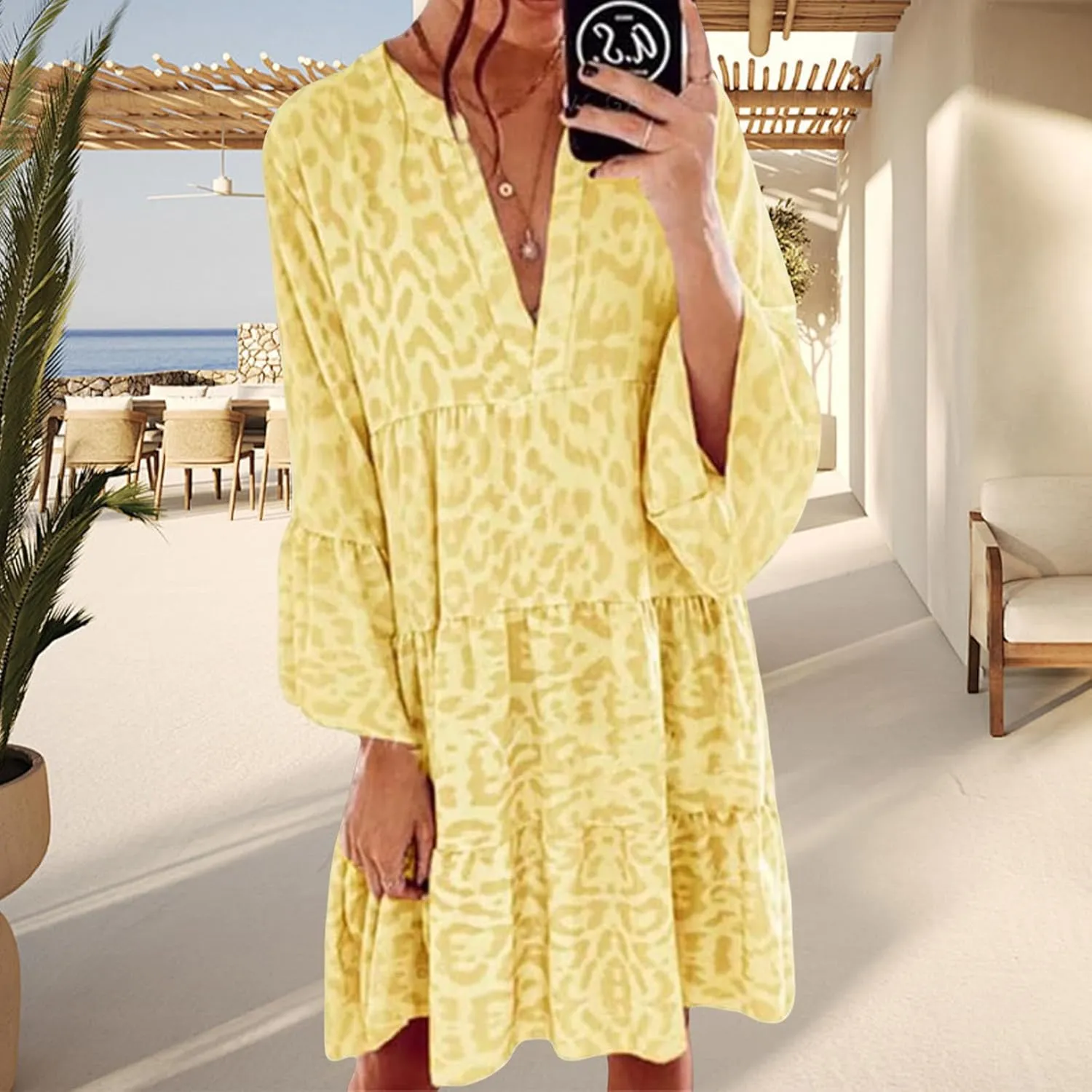 Womens Summer Dresses Boho Floral Babydoll Dress V Neck Ruffle Half Sleeve Sundress Beach Vacation Dress