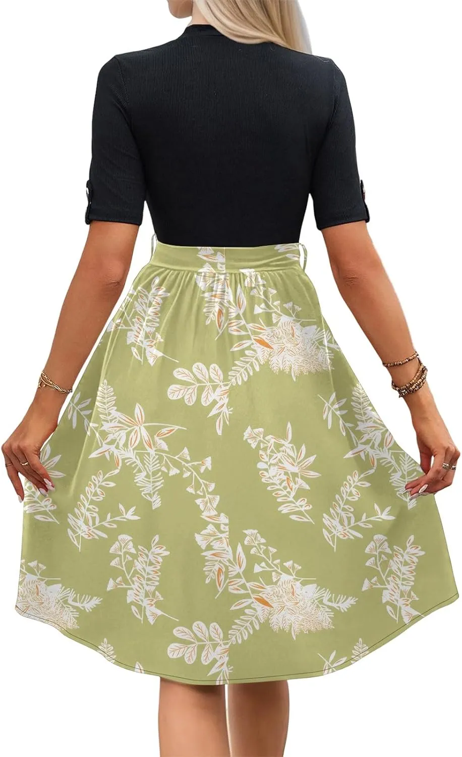 Womens Summer Dresses with Pockets, High Neck Short Sleeve Midi Dress, Patchwork Tie Empire Waist Floral Sundress