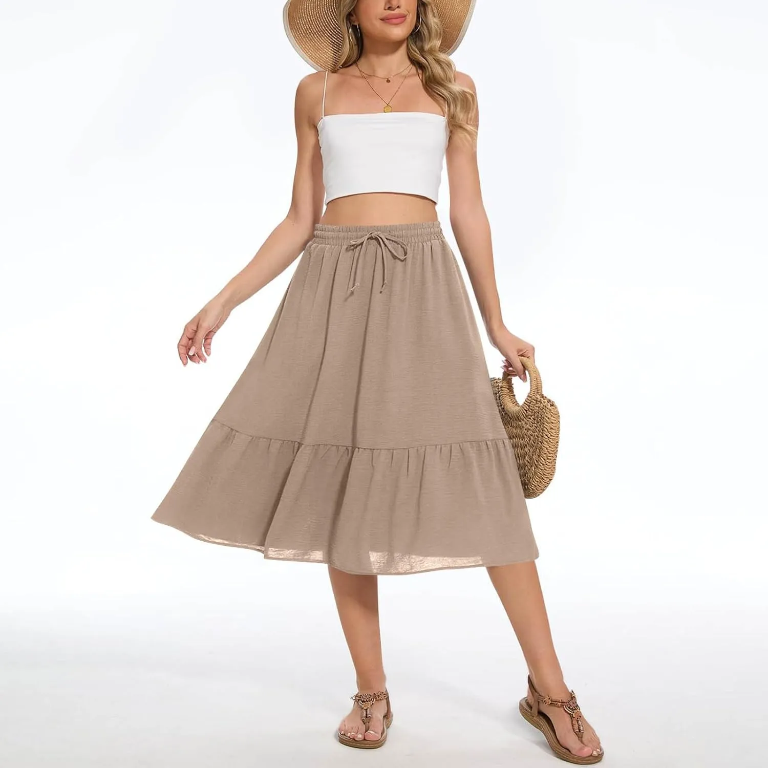 Women's Summer High Waisted Skirts Tiered Ruffle Skirts Boho Flowy Swing Pleated Skirt Casual A-Line Maxi Skirt