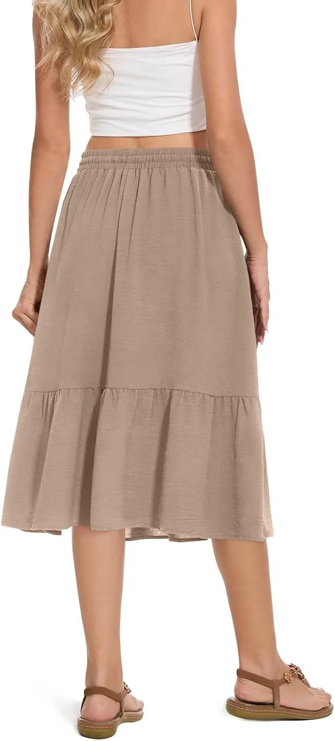 Women's Summer High Waisted Skirts Tiered Ruffle Skirts Boho Flowy Swing Pleated Skirt Casual A-Line Maxi Skirt