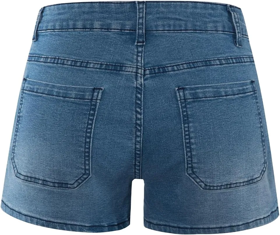 Women's Summer Mid Waisted Casual Jean Shorts Trendy Flat Pockets Cutoff Stretchy Denim Shorts