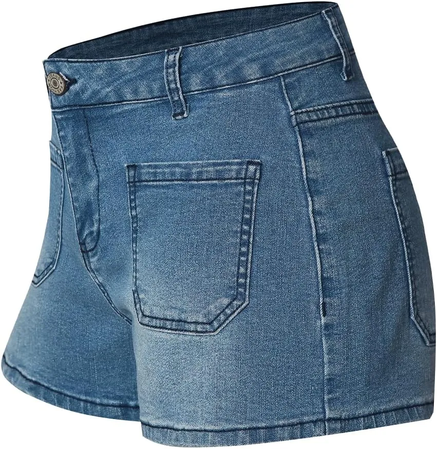 Women's Summer Mid Waisted Casual Jean Shorts Trendy Flat Pockets Cutoff Stretchy Denim Shorts