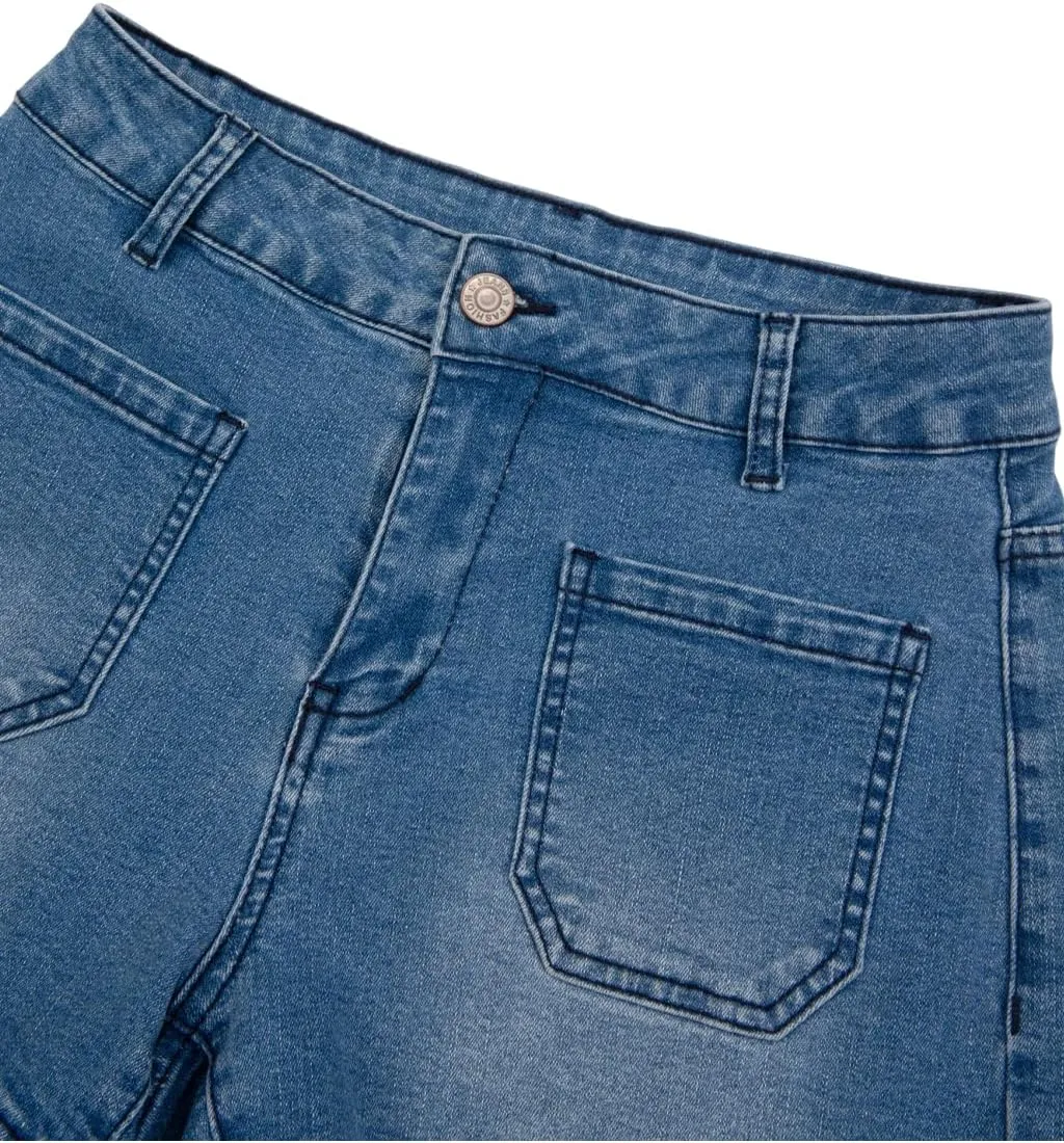 Women's Summer Mid Waisted Casual Jean Shorts Trendy Flat Pockets Cutoff Stretchy Denim Shorts