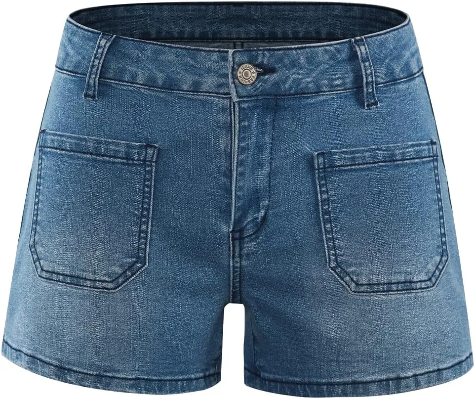 Women's Summer Mid Waisted Casual Jean Shorts Trendy Flat Pockets Cutoff Stretchy Denim Shorts