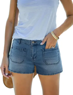 Women's Summer Mid Waisted Casual Jean Shorts Trendy Flat Pockets Cutoff Stretchy Denim Shorts