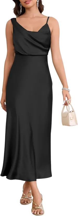 Women's Summer Satin Dress Elegant Cowl Neck Adjustable Spaghetti Strap Wedding Guest Cocktail Party Maxi Dresses