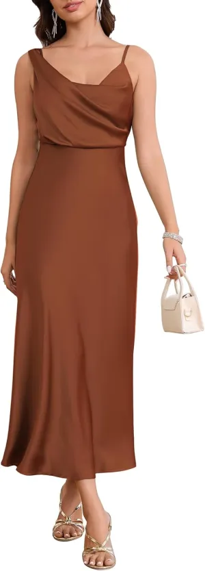 Women's Summer Satin Dress Elegant Cowl Neck Adjustable Spaghetti Strap Wedding Guest Cocktail Party Maxi Dresses