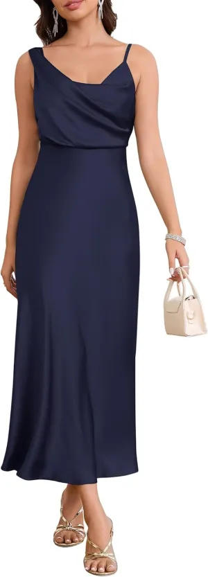 Women's Summer Satin Dress Elegant Cowl Neck Adjustable Spaghetti Strap Wedding Guest Cocktail Party Maxi Dresses
