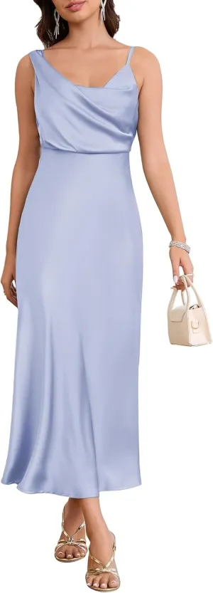 Women's Summer Satin Dress Elegant Cowl Neck Adjustable Spaghetti Strap Wedding Guest Cocktail Party Maxi Dresses