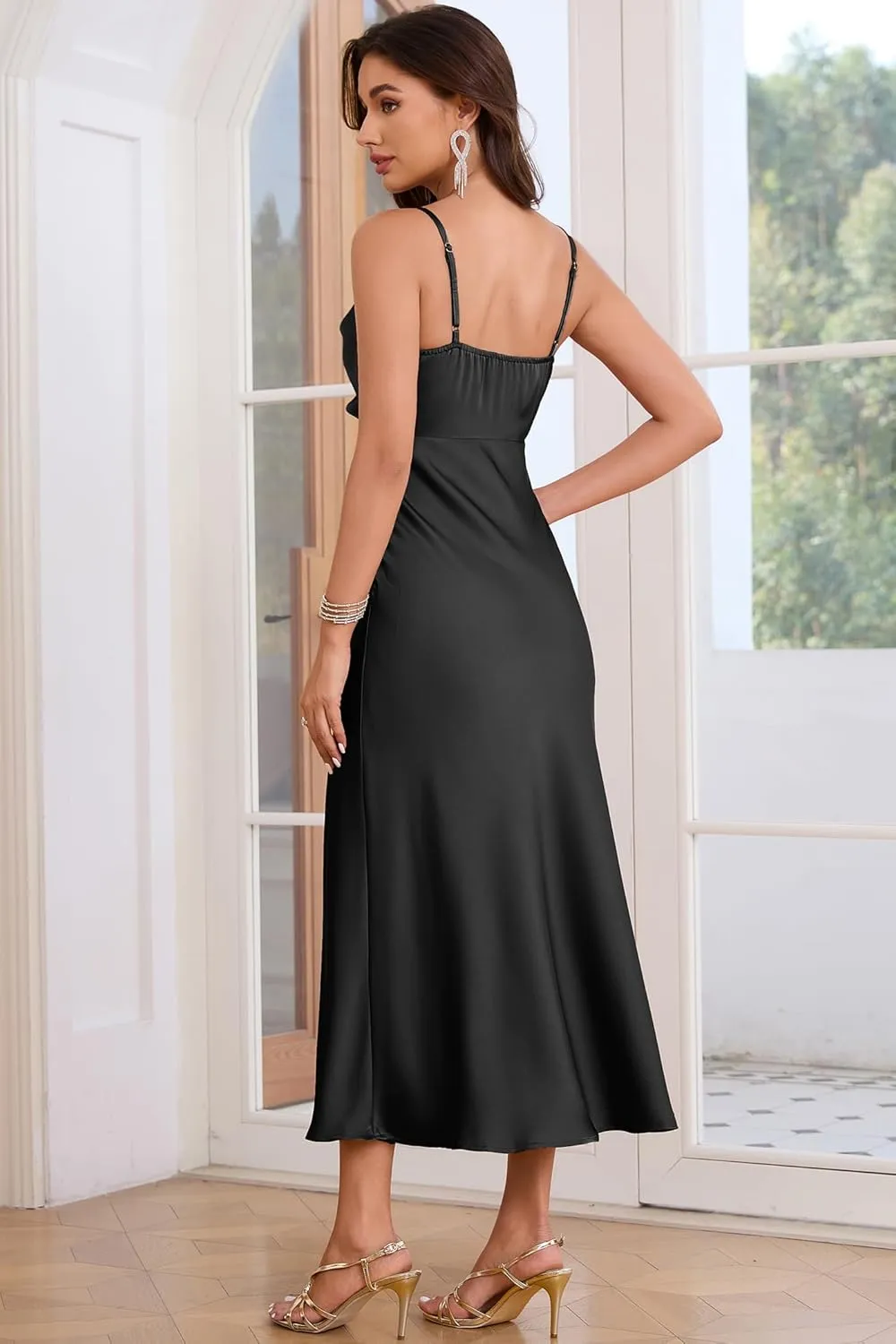 Women's Summer Satin Dress Elegant Cowl Neck Adjustable Spaghetti Strap Wedding Guest Cocktail Party Maxi Dresses