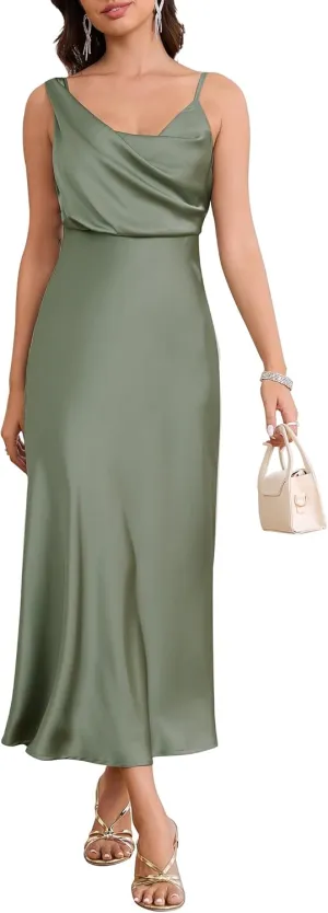 Women's Summer Satin Dress Elegant Cowl Neck Adjustable Spaghetti Strap Wedding Guest Cocktail Party Maxi Dresses