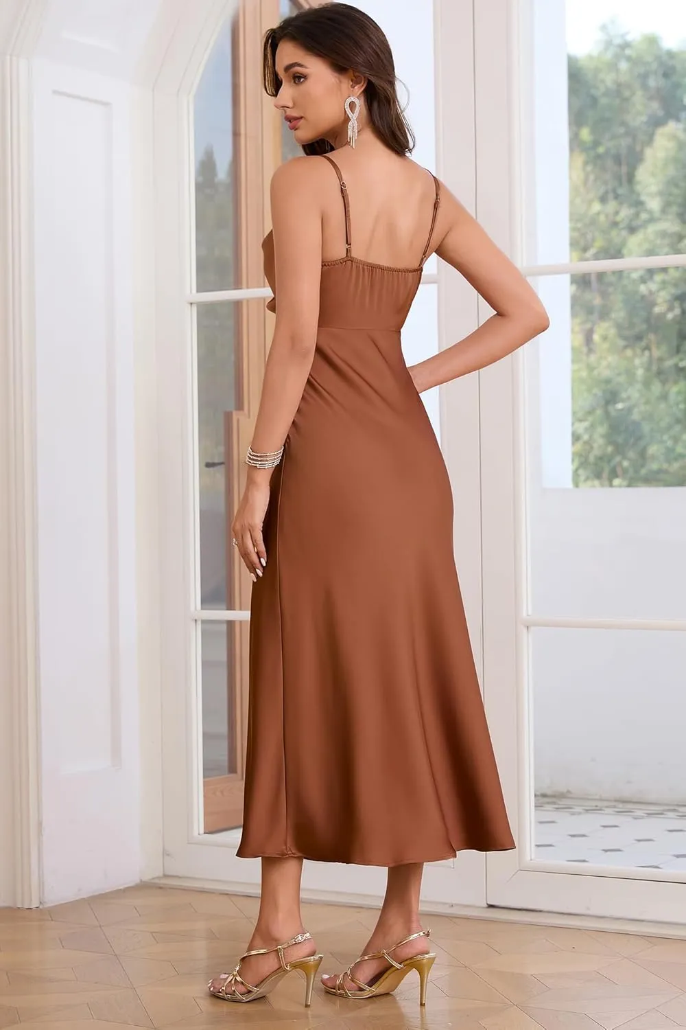 Women's Summer Satin Dress Elegant Cowl Neck Adjustable Spaghetti Strap Wedding Guest Cocktail Party Maxi Dresses