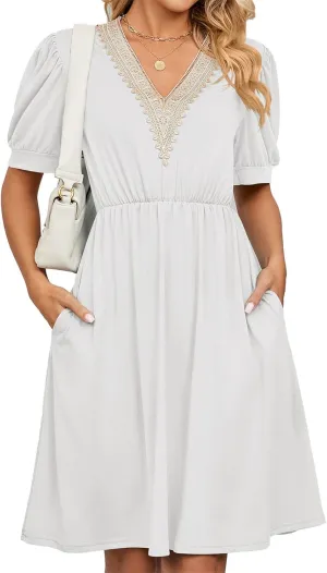 Womens Summer Short Sleeve Dresses Beach Loose Casual Aline Dress V Neck Empire Waist Sundress