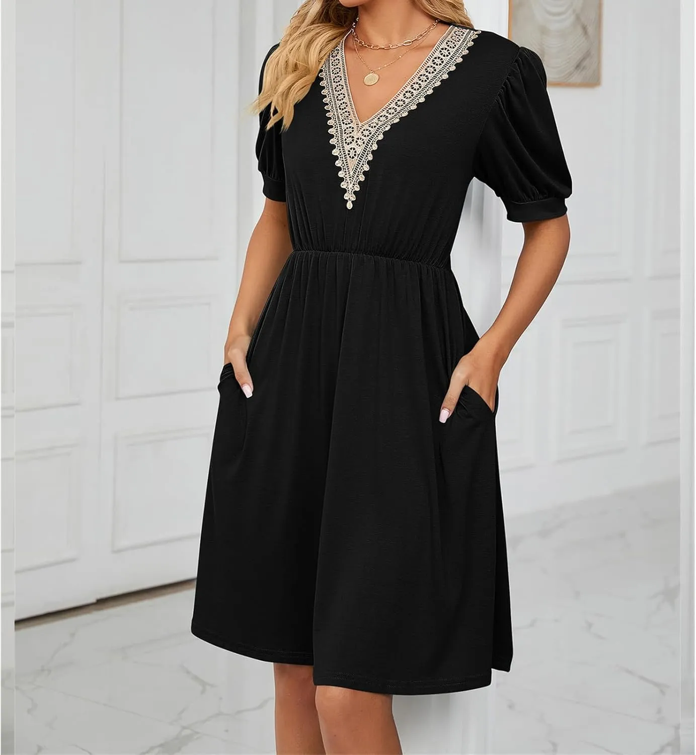 Womens Summer Short Sleeve Dresses Beach Loose Casual Aline Dress V Neck Empire Waist Sundress