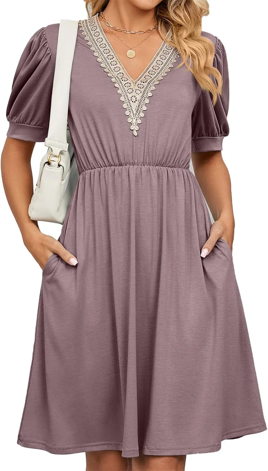 Womens Summer Short Sleeve Dresses Beach Loose Casual Aline Dress V Neck Empire Waist Sundress
