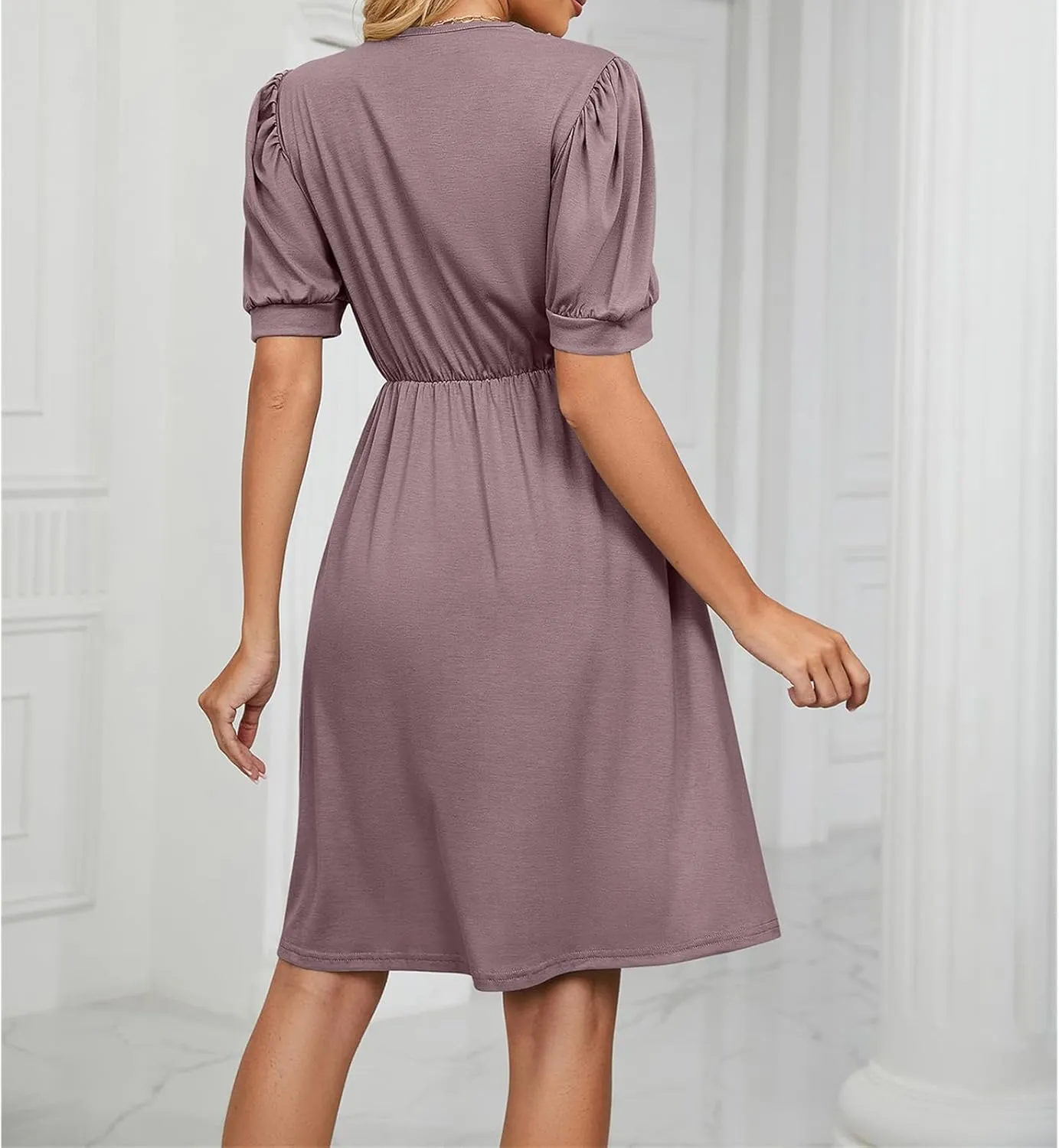 Womens Summer Short Sleeve Dresses Beach Loose Casual Aline Dress V Neck Empire Waist Sundress