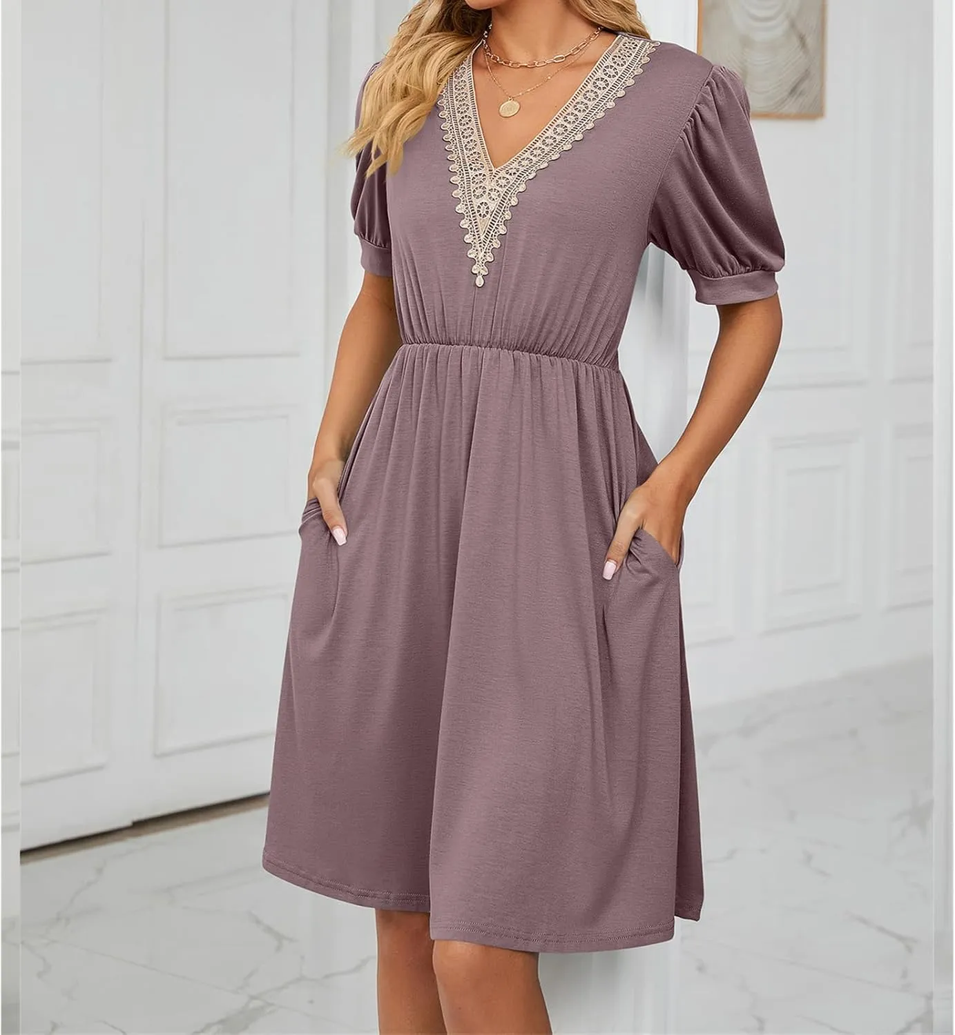 Womens Summer Short Sleeve Dresses Beach Loose Casual Aline Dress V Neck Empire Waist Sundress